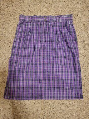 90s Vintage Middlebrook Park Purple Plaid 100% Cotton Pleated Knee Length Skirt